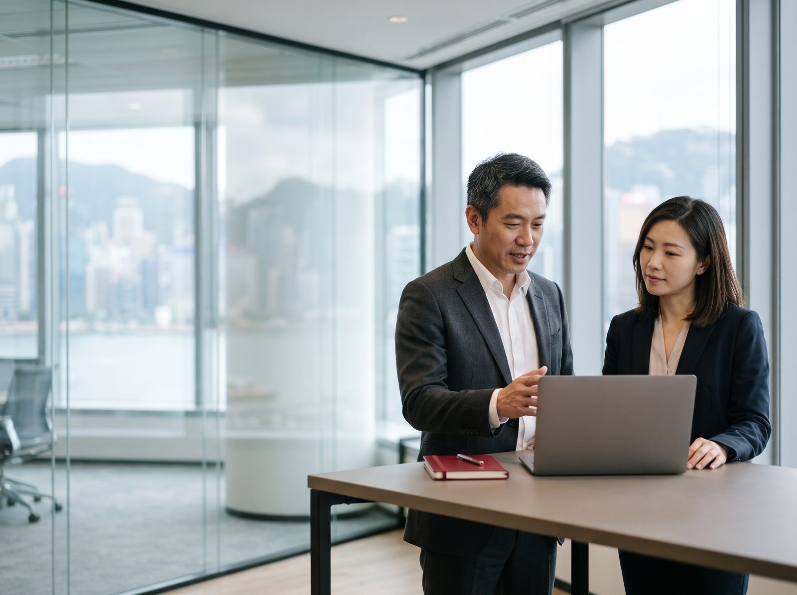 IT consultants reviewing a laptop in a Hong Kong office